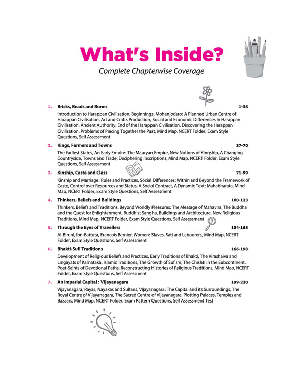Table of Contents index page from Arihant All in One History Class 12 textbook detailing complete themes in Indian history syllabus chapters from Harappan civilization to Vijayanagara empire with page numbers