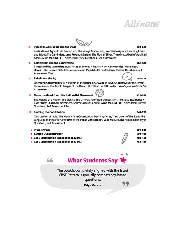 Table of Contents index page from Arihant All in One History Class 12 textbook detailing complete themes in Indian history syllabus chapters from Harappan civilization to Vijayanagara empire with page numbers