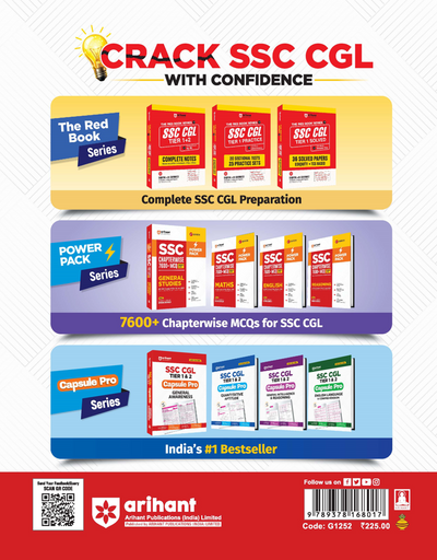 Back cover of Arihant SSC CGL Tier 1 and 2 General Awareness Capsule Pro Notes textbook outlining rapid revision frameworks for Ancient History, World Geography, Indian Polity, and high-yield GS practice sets