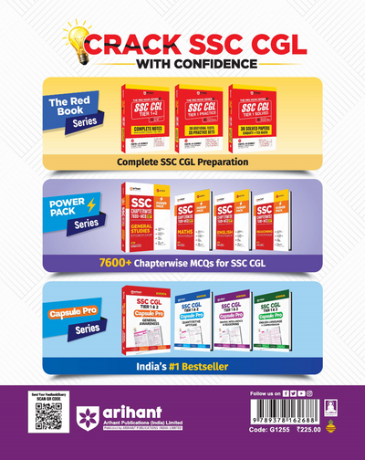 Back cover of Arihant SSC CGL Tier 1 and 2 General Intelligence and Reasoning Capsule Pro Notes textbook for CGL, CHSL, MTS, and CPO exams featuring full verbal, non-verbal, and analytical index maps with syllogism Venn diagrams and alphanumeric rules