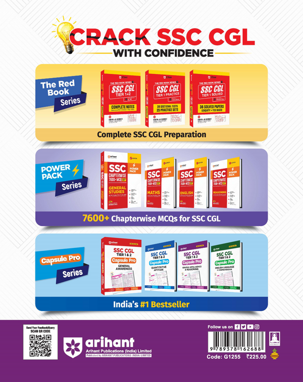 Back cover of Arihant SSC CGL Tier 1 and 2 General Intelligence and Reasoning Capsule Pro Notes textbook for CGL, CHSL, MTS, and CPO exams featuring full verbal, non-verbal, and analytical index maps with syllogism Venn diagrams and alphanumeric rules