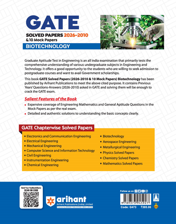 GATE Biotechnology Chapterwise Solved Papers 2026–2000 with 10 Mock Papers |Chapterwise & Yearwise Detailed Explanations as per GATE Pattern