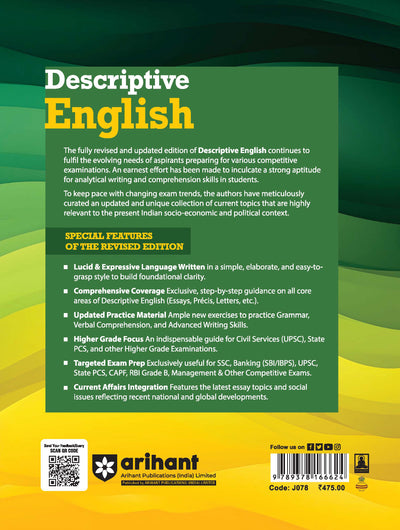 Descriptive English for SSC, Banking (SBI/IBPS), UPSC, State PCS, CAPF, RBI Grade B & Other Competitive Exams | Essay Writing (100+ Topics), Precis, Letter, Report, Email & Paragraph Writing | PYQs, Model Answers & Writing Templates