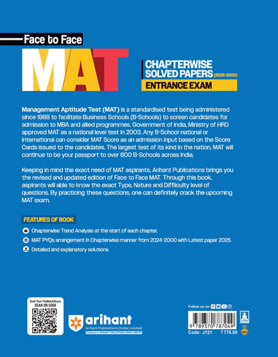 Face To Face MAT Entrance Exam | Years Chapterwise Solved Papers (2025-2000) | English Medium