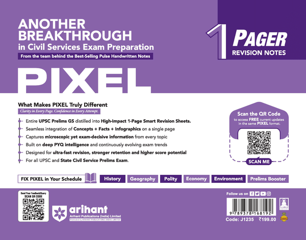 Back cover of Arihant's PIXEL 1-Pager Revision Notes for Civil Services Exam, book code J1235. The layout presents core product features emphasizing high-impact 1-page smart revision sheets, an integration of concepts, facts, and infographics, and deep PYQ intelligence. It lists available subjects like History, Geography, Polity, Economy, Environment, and Prelims Booster, along with a prominent QR code for free updates