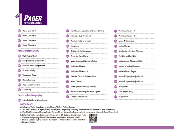 Syllabus and index page from Arihant's UPSC Prelims Geography Pixel 1-Pager Revision Notes. The page outlines topics for Part-D: Oceanography and Part-E: Indian Geography across three columns, listing specific chapters from World Climate to Major Soils, alongside an informational note on topics covered via QR code