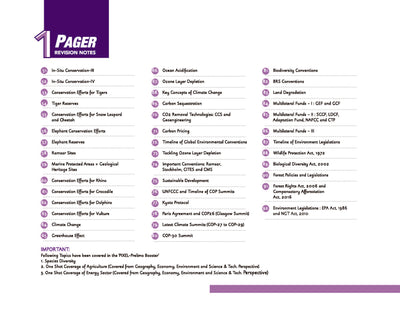 Syllabus and index page titled 'INSIDE Coverage' from Arihant's UPSC Prelims Environment Pixel 1-Pager Revision Notes. The page lists 50 specific topics organized across three columns, spanning core ecology concepts, biomes, ecosystems, pollution types, and biodiversity conservation strategies