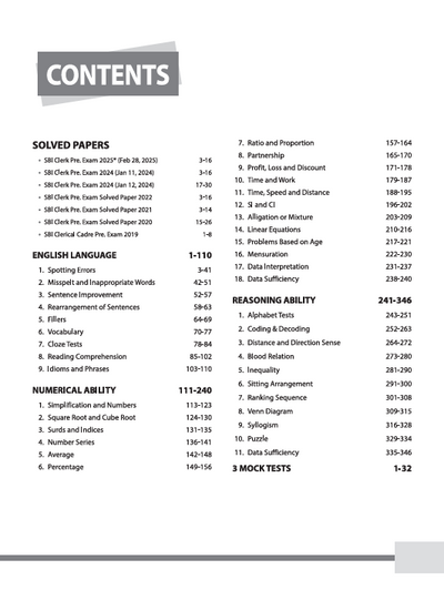 SBI Clerk (Junior Associates/Customer Support & Sales) Pre Exam (Phase I) 2025 | Study Guide | 2000+ Chapterwise MCQs & Sectionwise Syllabus Coverage | Includes Latest Solved Paper 2025