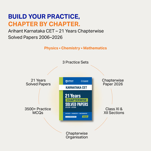 Karnataka CET (KCET) 2027 | 21 Years Chapterwise Solved Papers (2026–2006) | Physics, Chemistry & Mathematics | 3500+ Practice MCQs with 3 Practice Sets