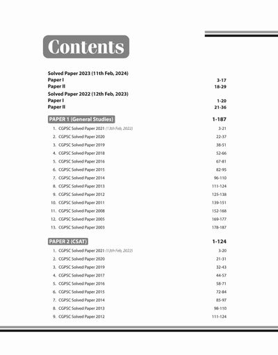 CGPSC Pre. Exam (Paper-I General Studies & Paper-2 CSAT| Yearwise-Topicwise Solved Papers (2024 - 2003)