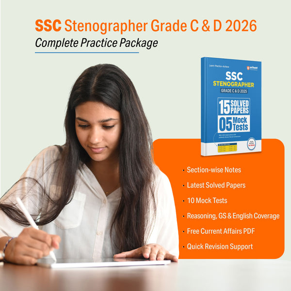 SSC Stenographer (Grade C & D) Exam 2026 | Sectionwise Notes (Reasoning, GS, English) | 10 Solved Papers (2024–2025) | 10 Mock Tests (5 Offline + 5 Online) | Latest Current Affairs