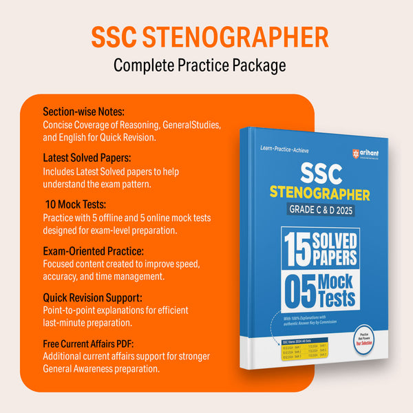 SSC Stenographer (Grade C & D) Exam 2026 | Sectionwise Notes (Reasoning, GS, English) | 10 Solved Papers (2024–2025) | 10 Mock Tests (5 Offline + 5 Online) | Latest Current Affairs