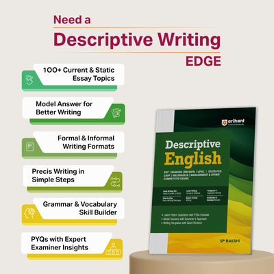 Descriptive English for SSC, Banking (SBI/IBPS), UPSC, State PCS, CAPF, RBI Grade B & Other Competitive Exams | Essay Writing (100+ Topics), Precis, Letter, Report, Email & Paragraph Writing | PYQs, Model Answers & Writing Templates