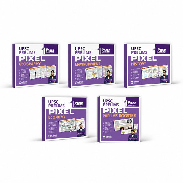 Combo (Set of 5 Books) UPSC Prelims Booster Pixel 1-Pager Revision Notes Kit: Economy, Environment, Geography, History & GS Booster | Fast Revision 1-Page Format, Concept & Fact Infographics with PYQ-Based Prep | Latest UPSC CSE Exam Series