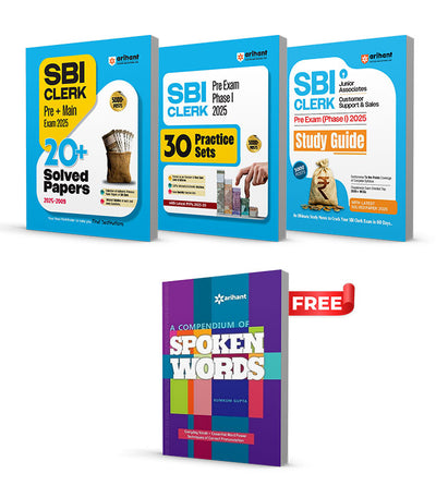 Combo of SBI Clerk Pre Exam (Phase I) 2025 | Study Guide, 30 Practice Sets & 20+Solved Paper | With Free A Compendium of Spoken Words | English Medium